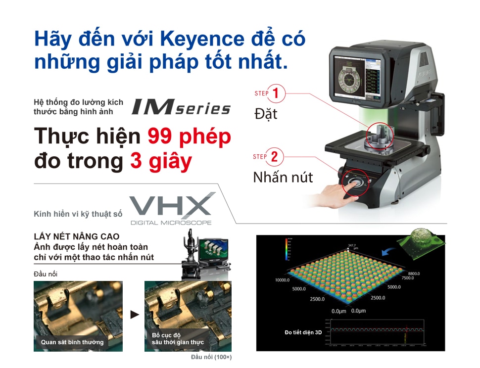 Hãy đến với Keyence để có những giải pháp tốt nhất. Hệ thống đo lường kích thước bằng hình ảnh IM series Thực hiện 99 phép, đo trong 3 giây [STEP1]Đặt[STEP2]Nhấn nút / Kính hiển vi kỹ thuật số VHX LẤY NÉT NÂNG CAO Ảnh được lấy nét hoàn toàn chỉ với một thao tác nhấn nút