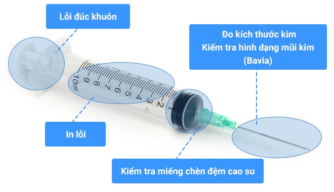 Lỗi đúc khuôn, In lỗi, Kiểm tra miếng chèn đệm cao su, Đo kích thước kim / Kiểm tra hình dạng mũi kim (Bavia)