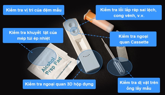 Kiểm tra vị trí của đệm mẫu, Kiểm tra các khuyết tật về chiều rộng niêm phong nhiệt trong bao bì, Kiểm tra ngoại quan 3D hộp đựng, Kiểm tra lỗi lắp ráp sai lệch, cong vênh, v.v., Kiểm tra ngoại quan của cassette, Kiểm tra dị vật trên ống lấy mẫu