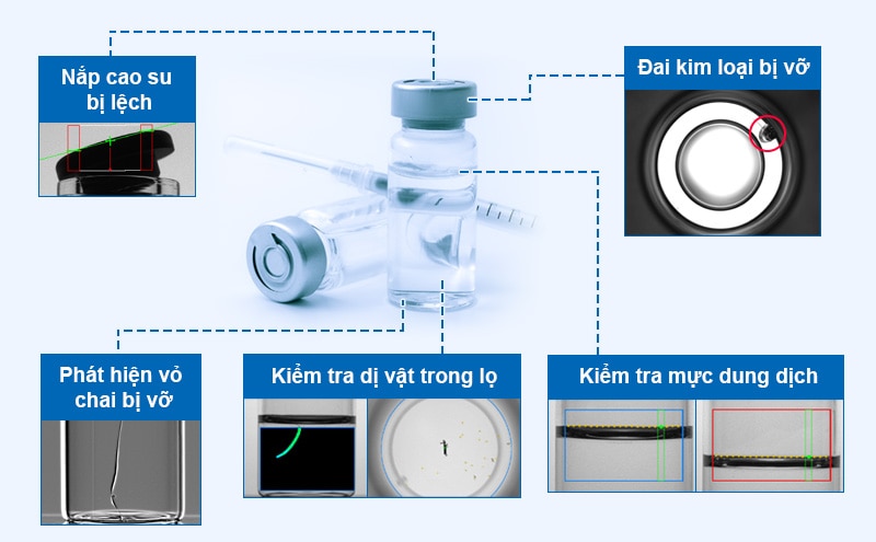 Nắp cao su bị lệch, Đai kim loại bị vỡ, Phát hiện vỏ chai bị vỡ, Kiểm tra mực ung dịch, Kiểm tra dị vật trong lọ